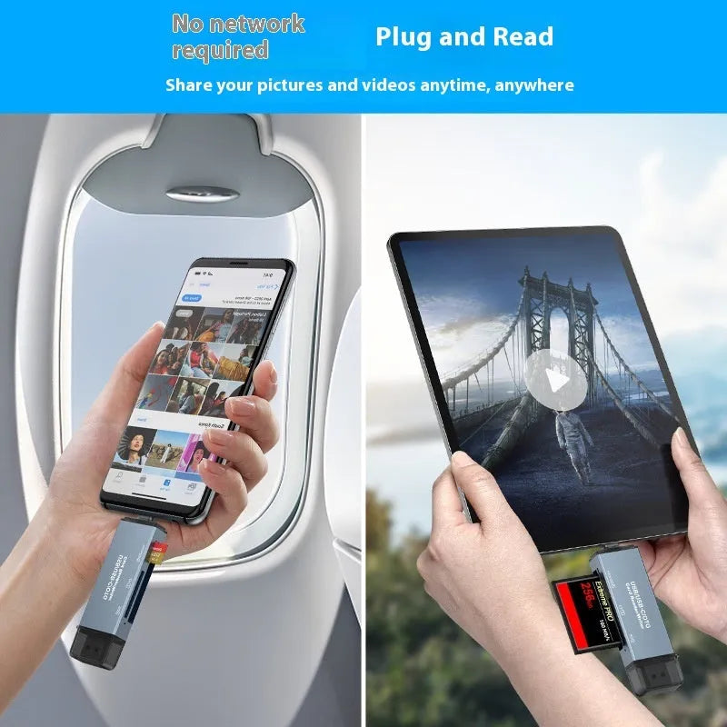 Compact aluminium alloy CF SD TF three-in-one USB card reader showing USB and Type-C connectors