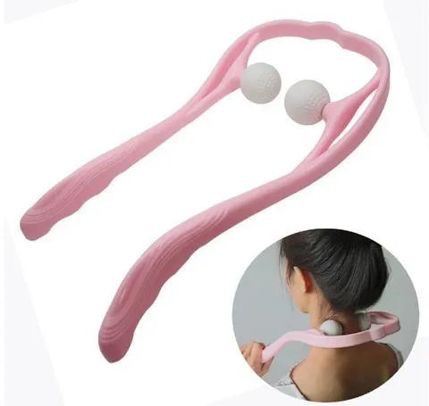 Plastic hand roller neck massager with adjustable stand and removable head in pink, blue, or green colours.