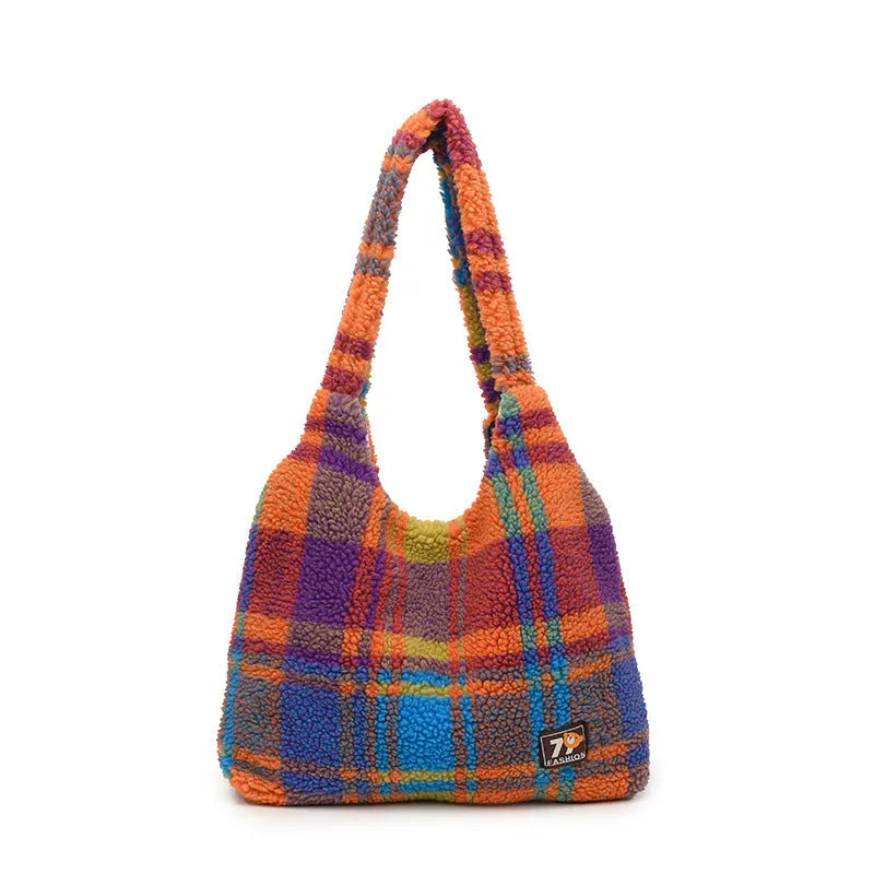Women's plaid shoulder crossbody tote bag in plush material with large capacity