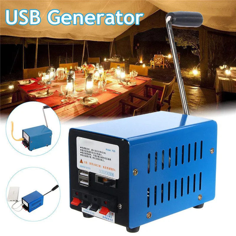 Blue metal hand crank emergency generator with USB output ports measuring 125mm long
