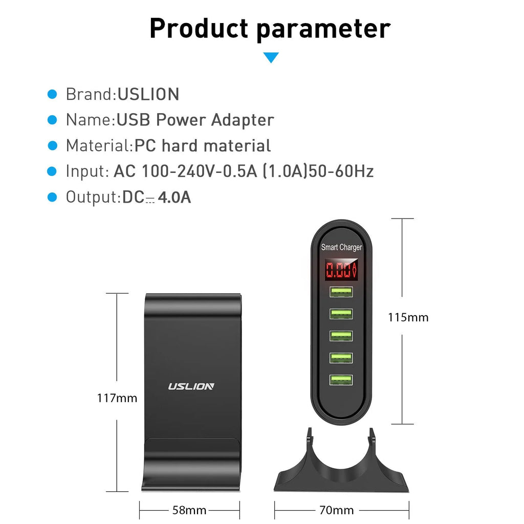 Smart LED digital display USB charger with black or white casing showing EU, UK and US plug options