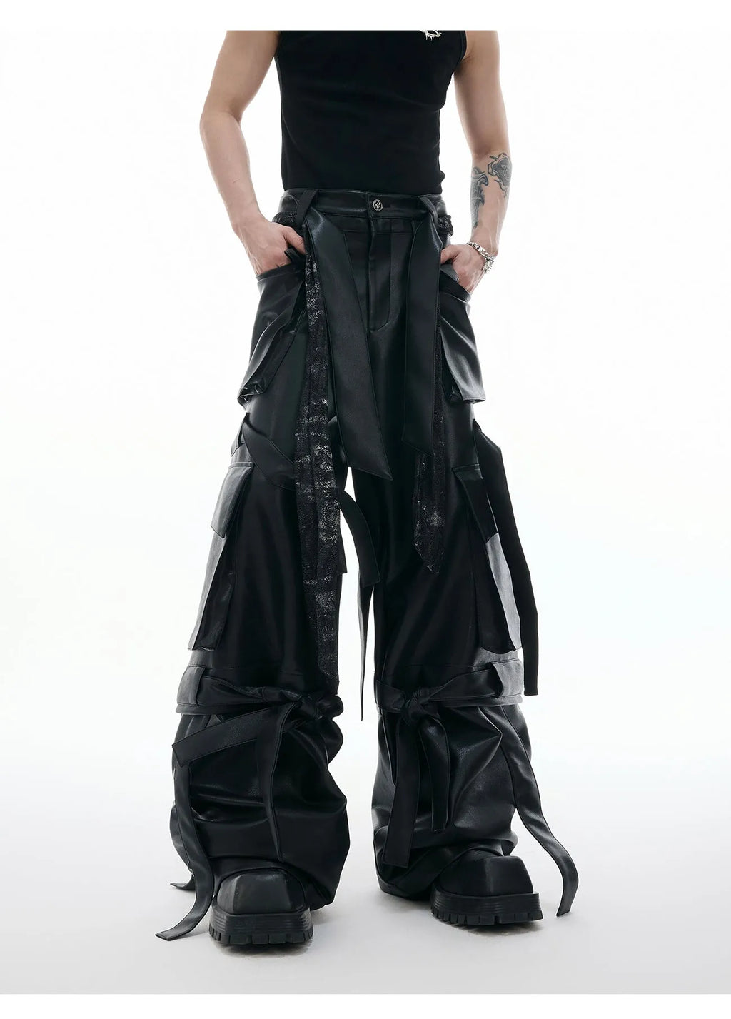 Black loose fit leather-look pants with quilted multi-pocket design showing front and back views