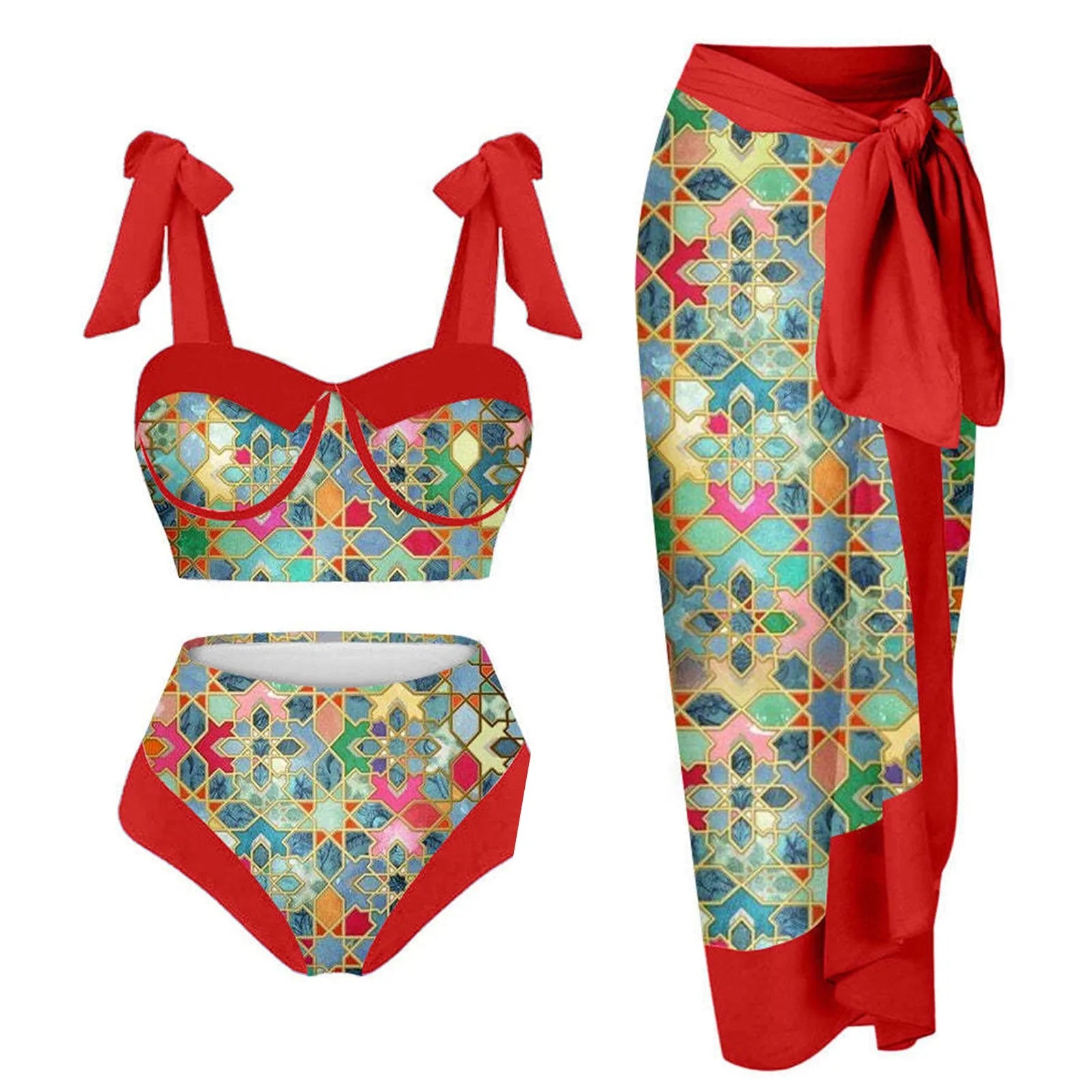 Women's pink printing split swimsuit three-piece set with skirt, bra, and panties.