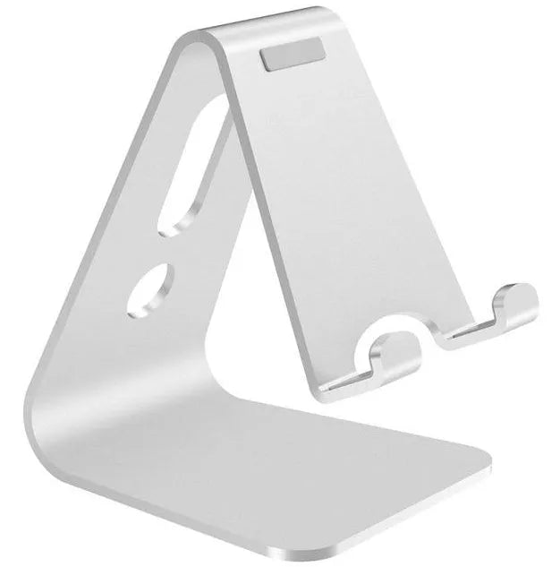 Aluminium universal phone holder in silver colour showing 360-degree rotation feature with tablet mounted