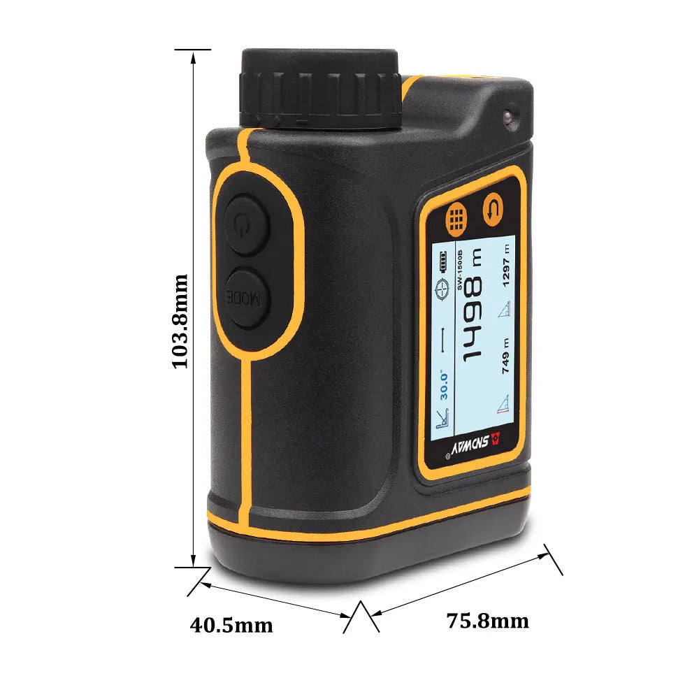 Handheld golf rangefinder device showing compact design with measurement display