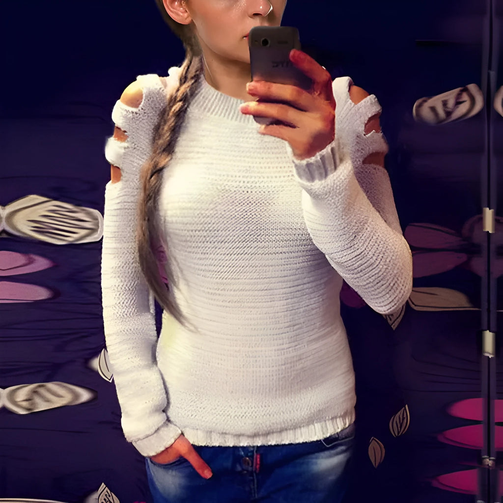 Women's white knitted shirt with crocheted hollow-out pattern and round neck