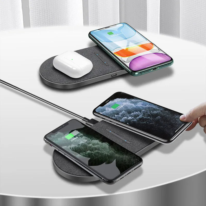 Black dual wireless charging pads with Type-C and USB cables for phone and earbud charging