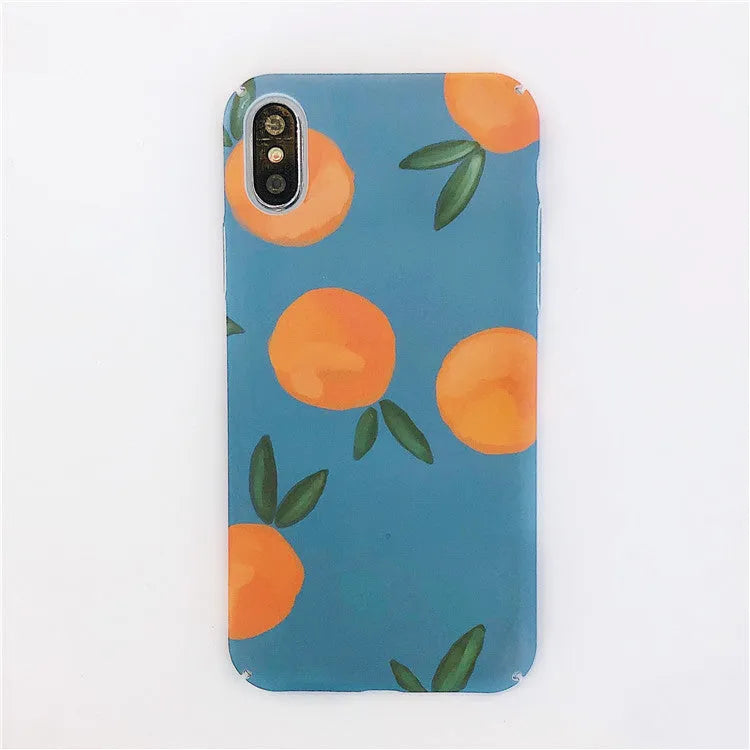 Retro orange design on blue plastic iPhone back cover case for multiple models.