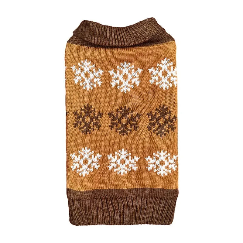 Dog wearing snowflake-patterned Christmas sweater in acrylic knit fabric