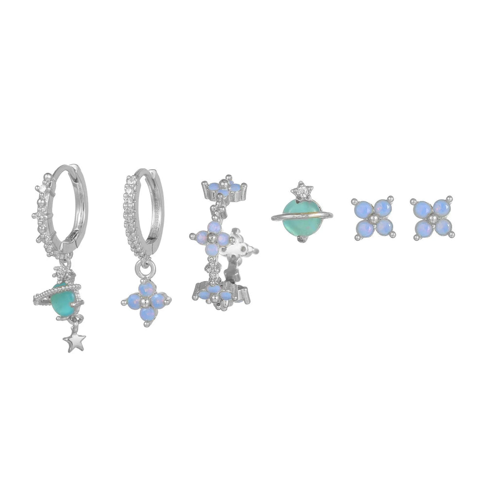 Gold and silver flower nail ear studs with zircon mosaic in Japanese Korean sweet girl style