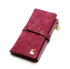 Vertical long wallet in retro matte PU leather with zip closure, shown open to reveal card slots and phone pocket.