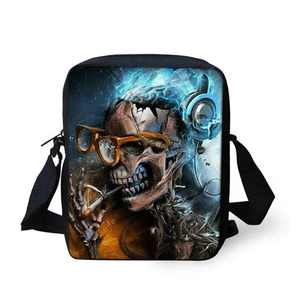 Medium polyester children's messenger bag with skull pattern, double straps, and zipper pocket in casual style