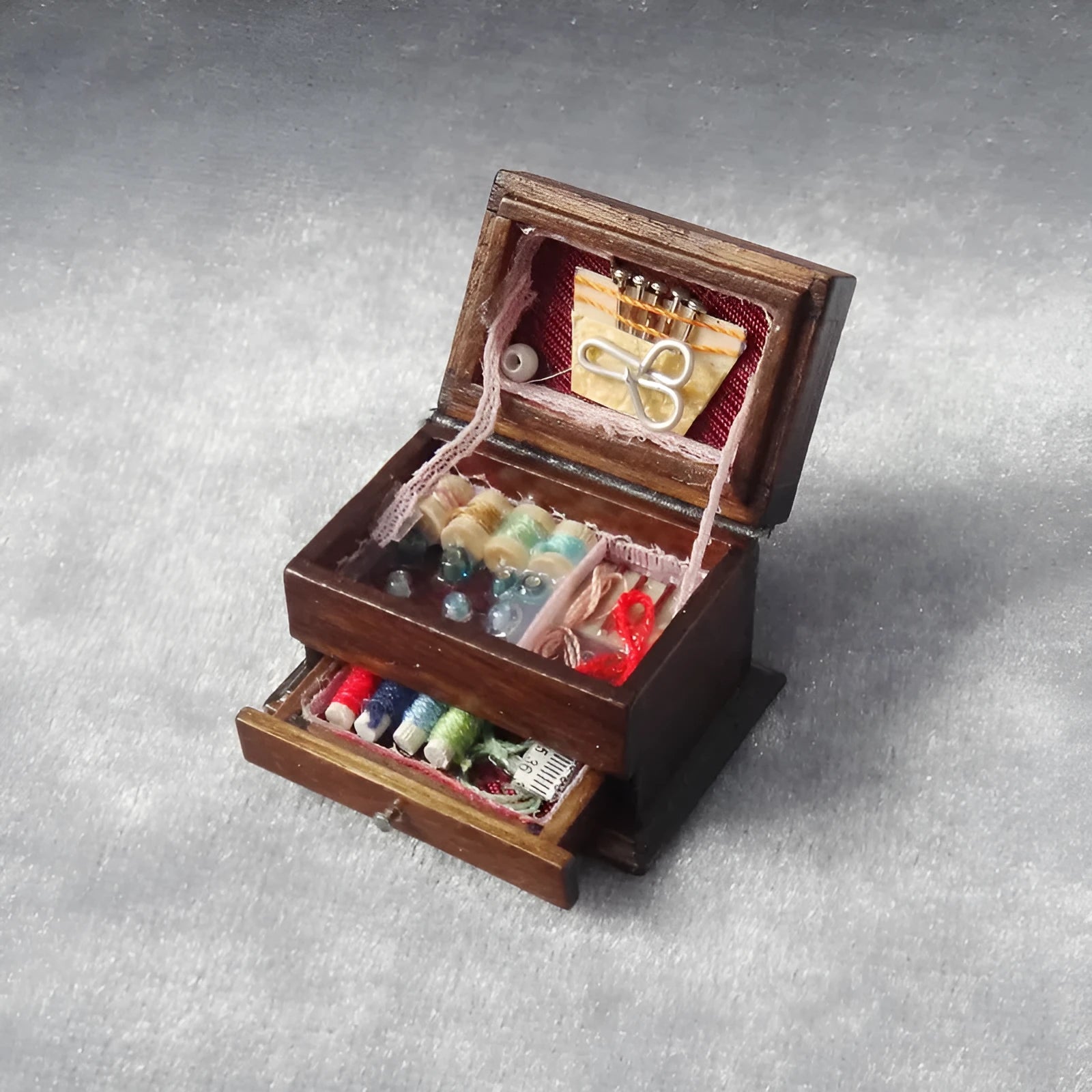 Miniature wooden sewing kit with European style accessories in birch wood