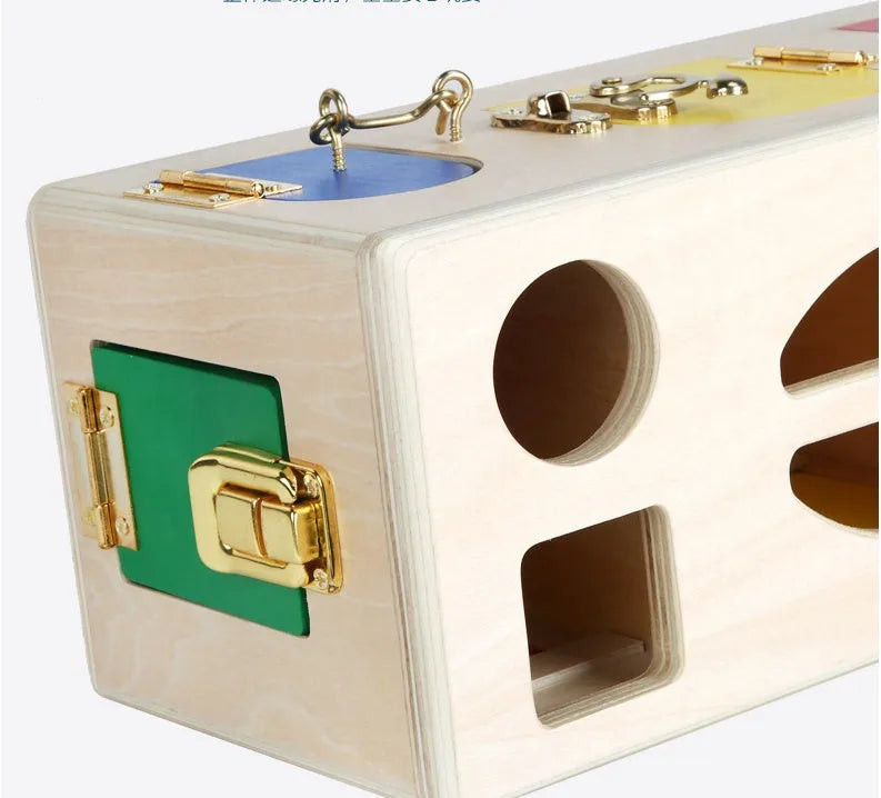 Wooden shape lock box educational toy with 12 pieces for preschool children aged 3+