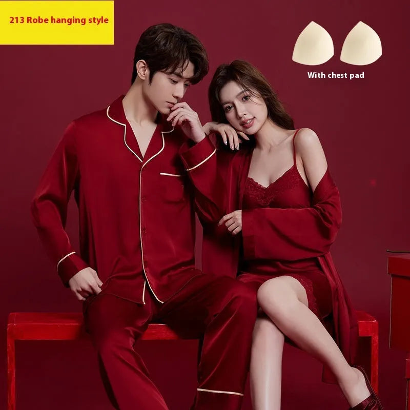 Red ice silk polyester wedding dowry pyjama set for men and women with long sleeves and trousers
