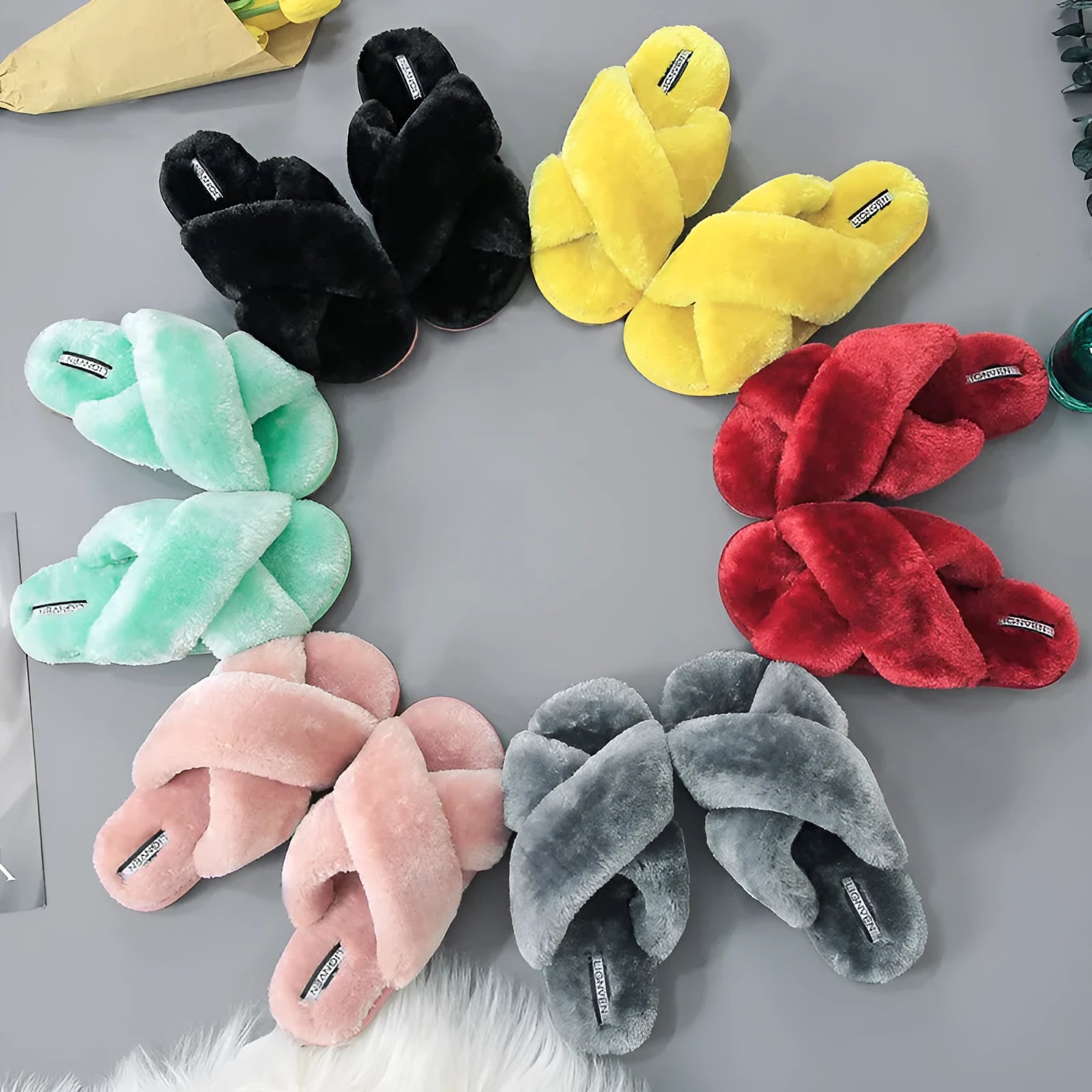 Women's cross open-toe fur slippers in multiple colours with patterned non-slip soles