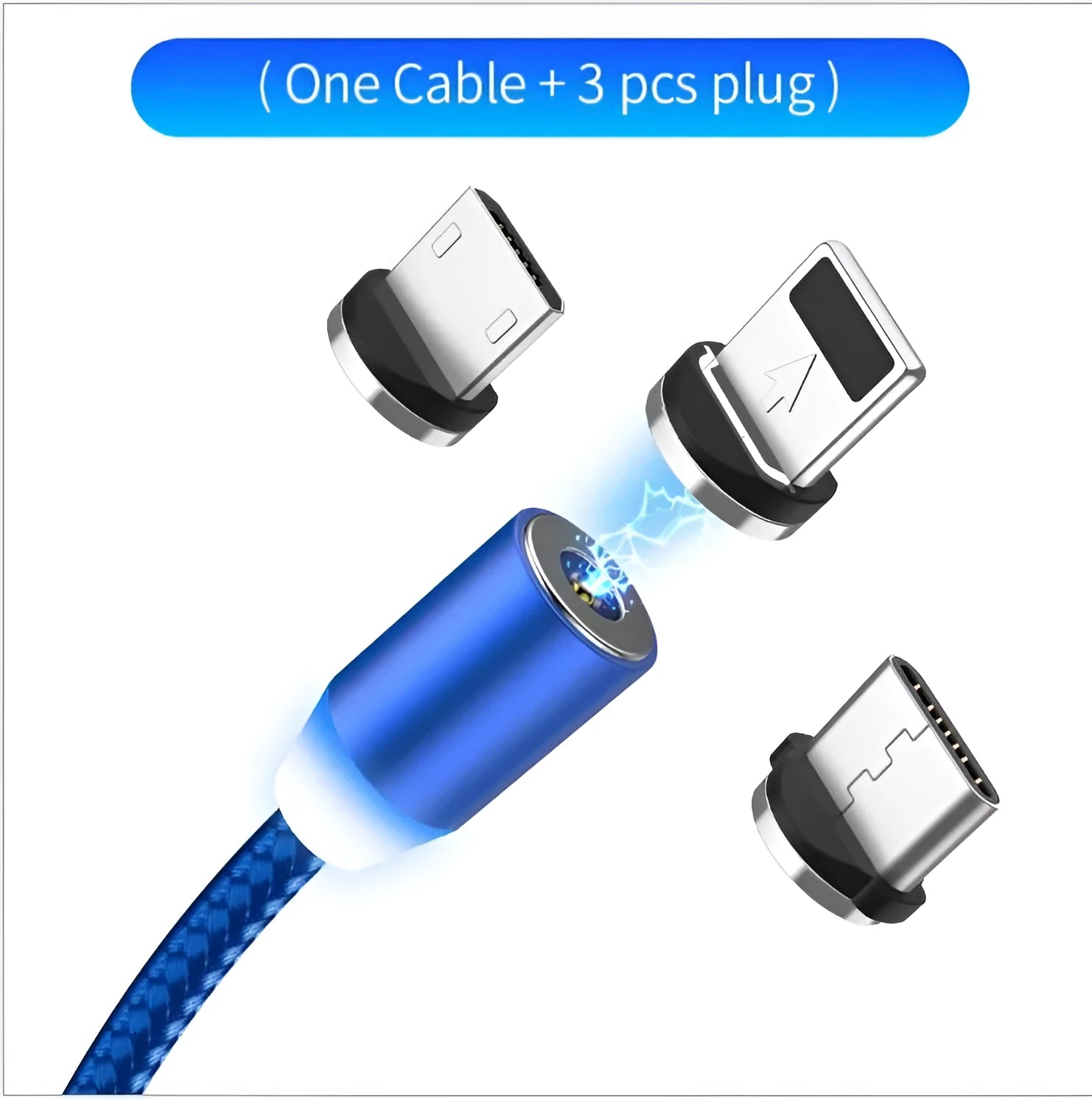 Black magnetic charging cable with LED light and aluminium connectors showing magnetic tip attachment