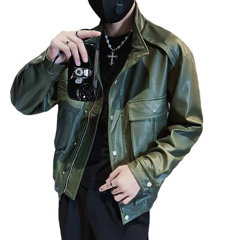 Men's black Korean-style PU leather jacket with straight hem and side seam pockets