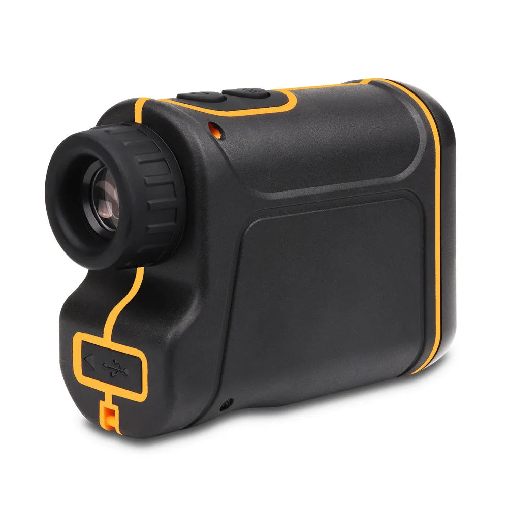 Handheld golf rangefinder device showing compact design with measurement display
