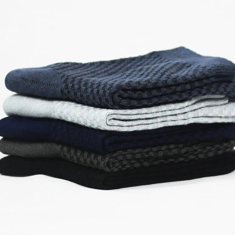 Men's bamboo fibre business socks with small square pattern in five colour options.
