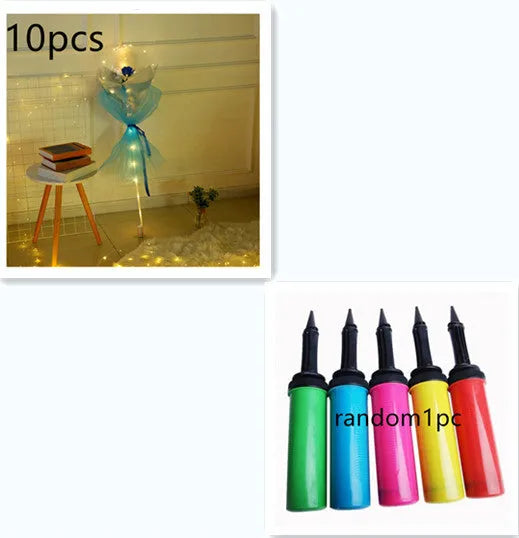 Transparent LED luminous balloon bouquet with artificial rose and glowing light inside, displayed as a DIY kit.