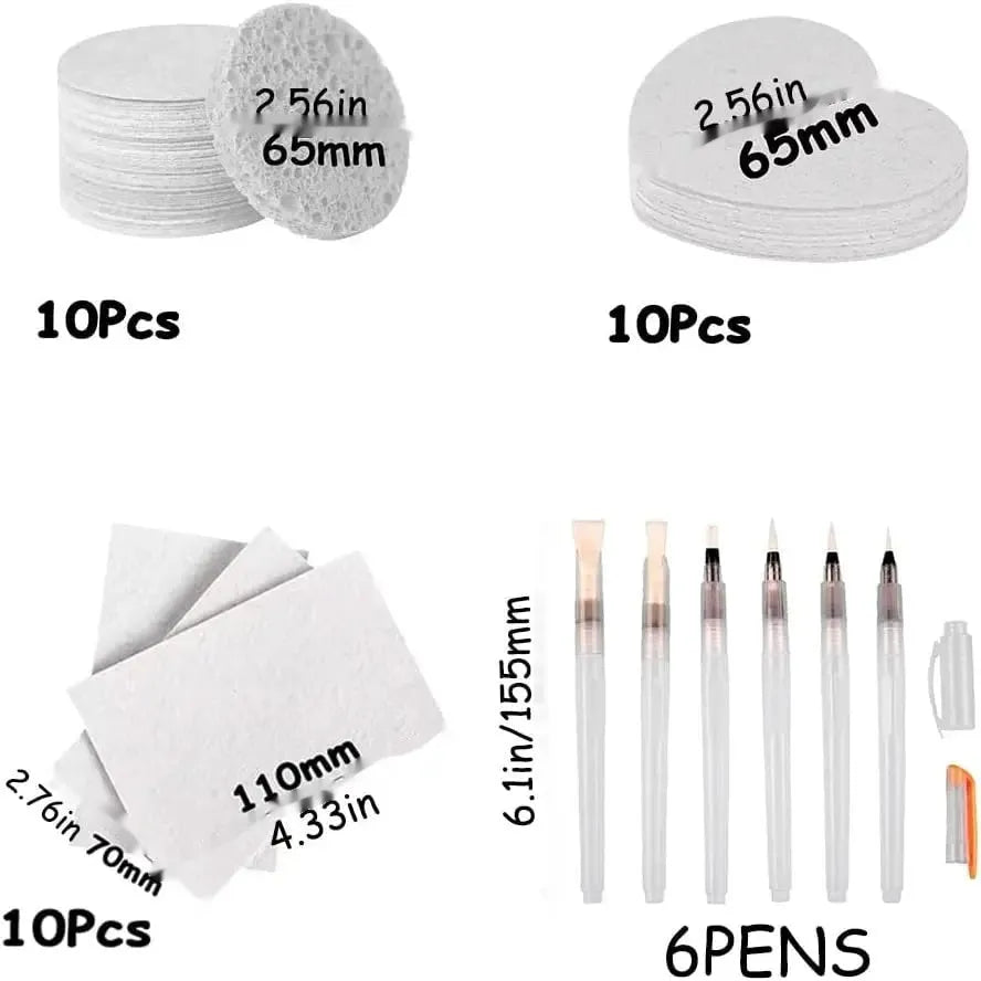 Painting set with fountain pens, cellulose sponge, and heart, round, square shaped wood pulp paper blanks