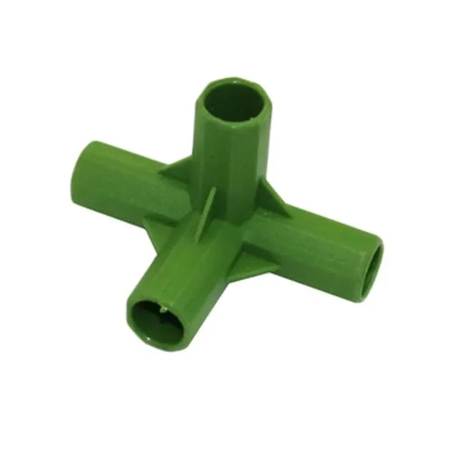 Two white PP plastic garden connectors, one 3-way and one 4-way, for 11mm plant support stakes.