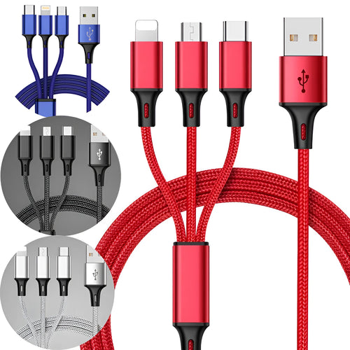 Braided 3-in-1 data cable with aluminium alloy connectors showing red, blue, silver and black colour options
