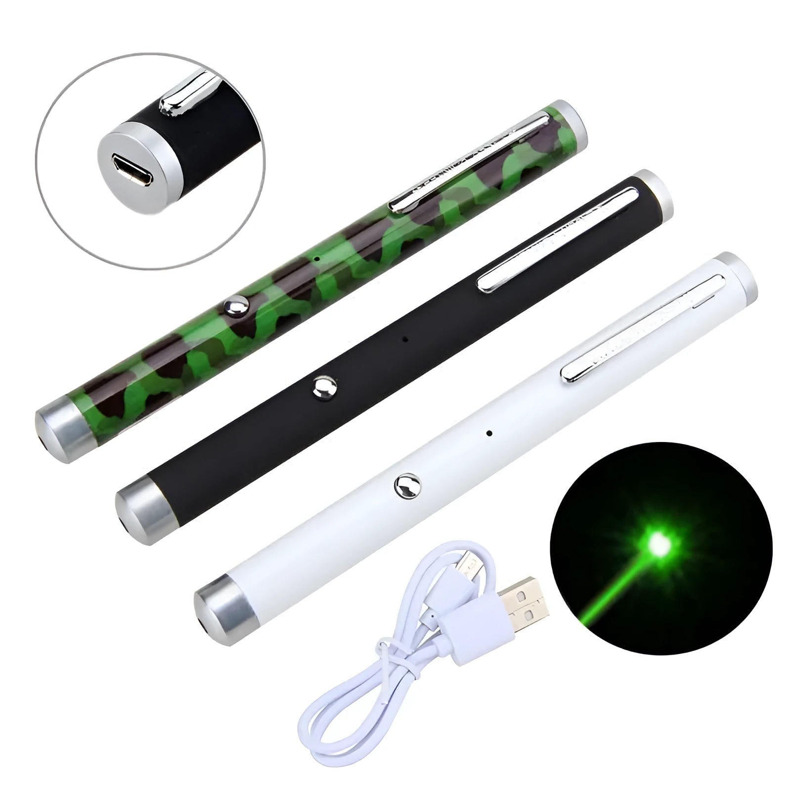 Green laser pointer pen in aluminium alloy body showing black, camouflage, and white colour options