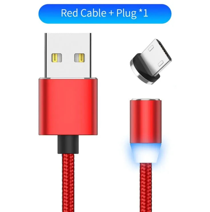 Black magnetic charging cable with LED light and aluminium connectors showing magnetic tip attachment