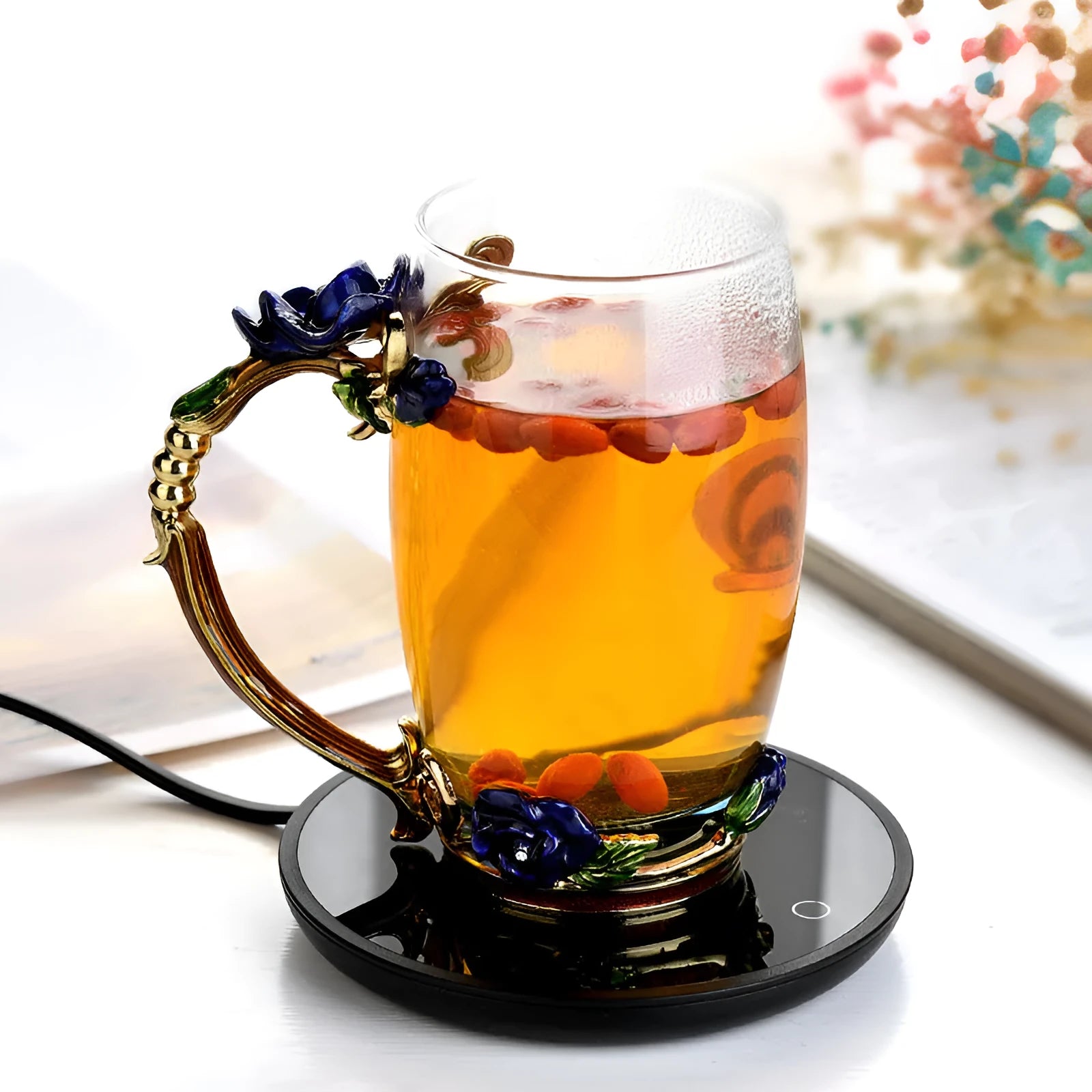 Black circular USB cup warmer pad with a tempered glass surface and dual temperature switch