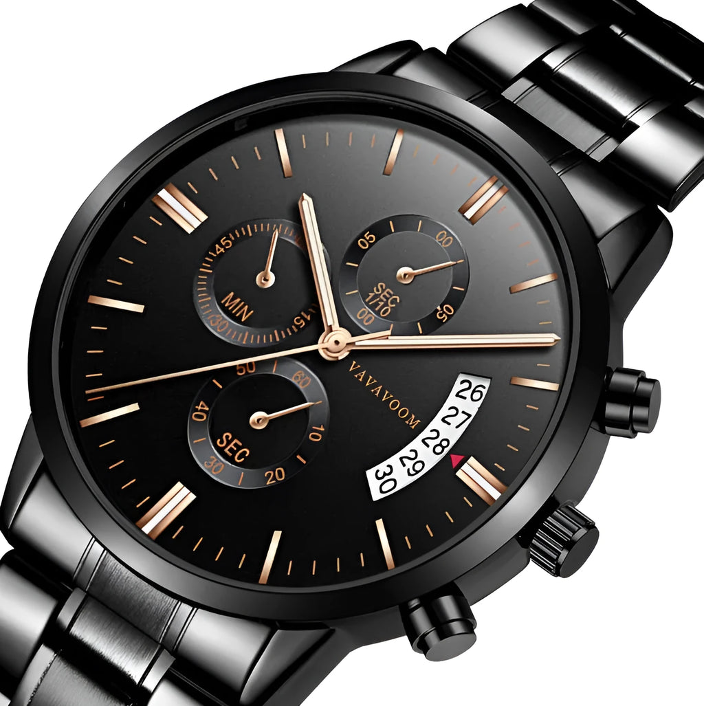 Men's stainless steel quartz watch with 43mm dial and 30 metre waterproof rating
