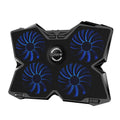 Blue laptop cooling base with four LED fans and two USB ports on front edge