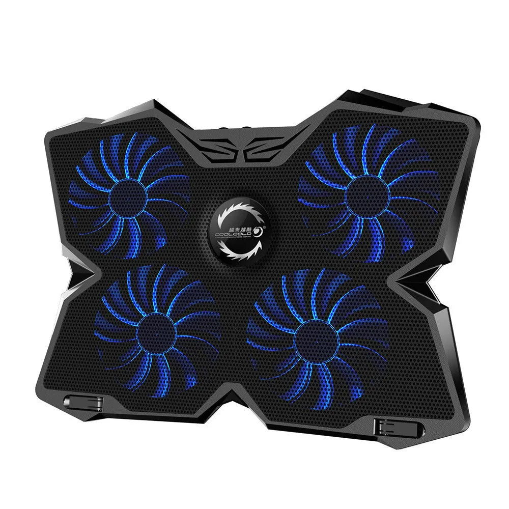 Blue laptop cooling base with four LED fans and two USB ports on front edge