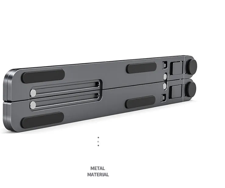 Aluminium alloy foldable laptop stand shown adjusted to different heights with laptop and tablet