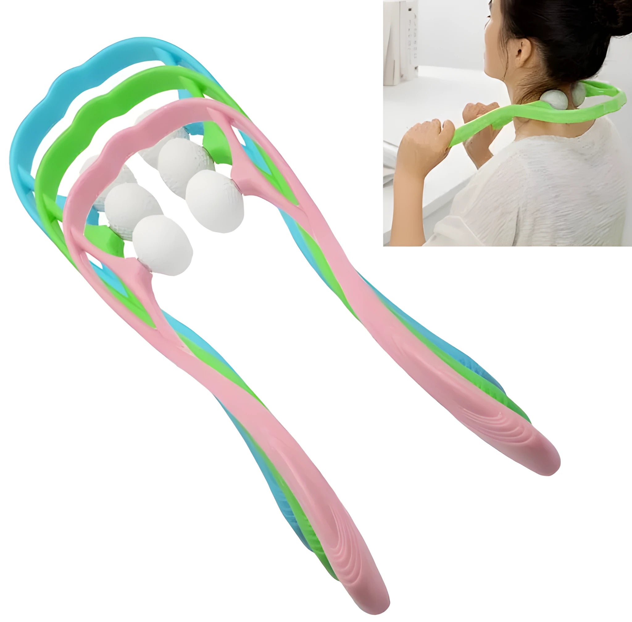 Plastic hand roller neck massager with adjustable stand and removable head in pink, blue, or green colours.