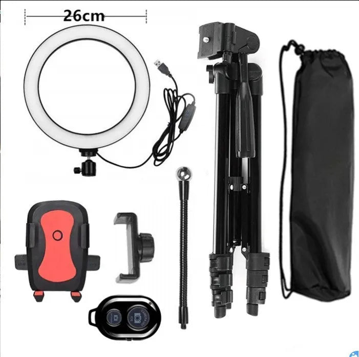 Adjustable live phone stand extended to maximum height with smartphone mounted
