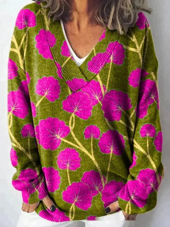 Women's V-neck floral print sweatshirt with long sleeves in wool woven fabric.