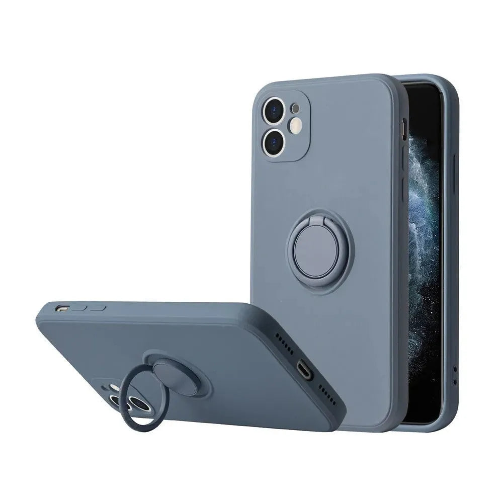 Liquid silicone phone case with a flip-out bracket for Apple iPhone 12, shown in a choice of colours.