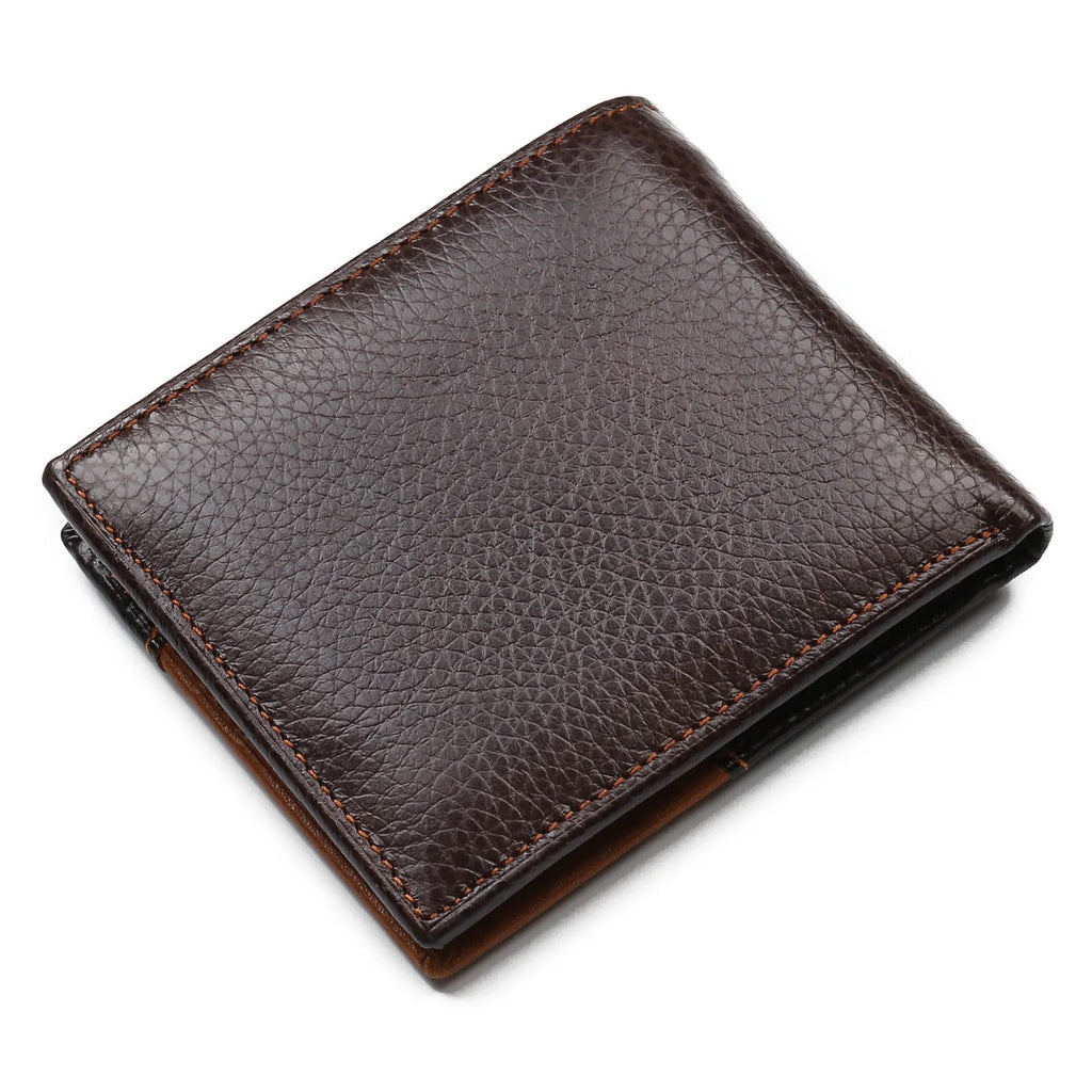 Leather wallet with personality stitching showing internal compartments including card slots, bill holder, and change section
