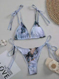 Women's marble tie-dye bikini set with U-neck top and high-waist briefs in blue colour variation