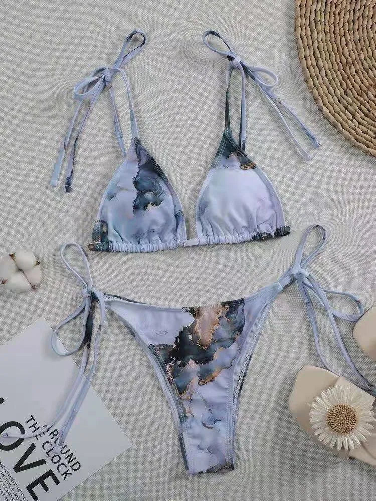Women's marble tie-dye bikini set with U-neck top and high-waist briefs in blue colour variation