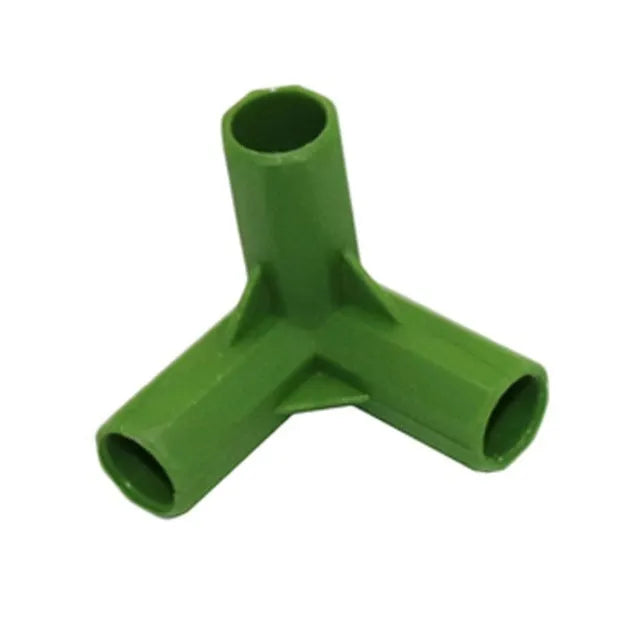 Two white PP plastic garden connectors, one 3-way and one 4-way, for 11mm plant support stakes.