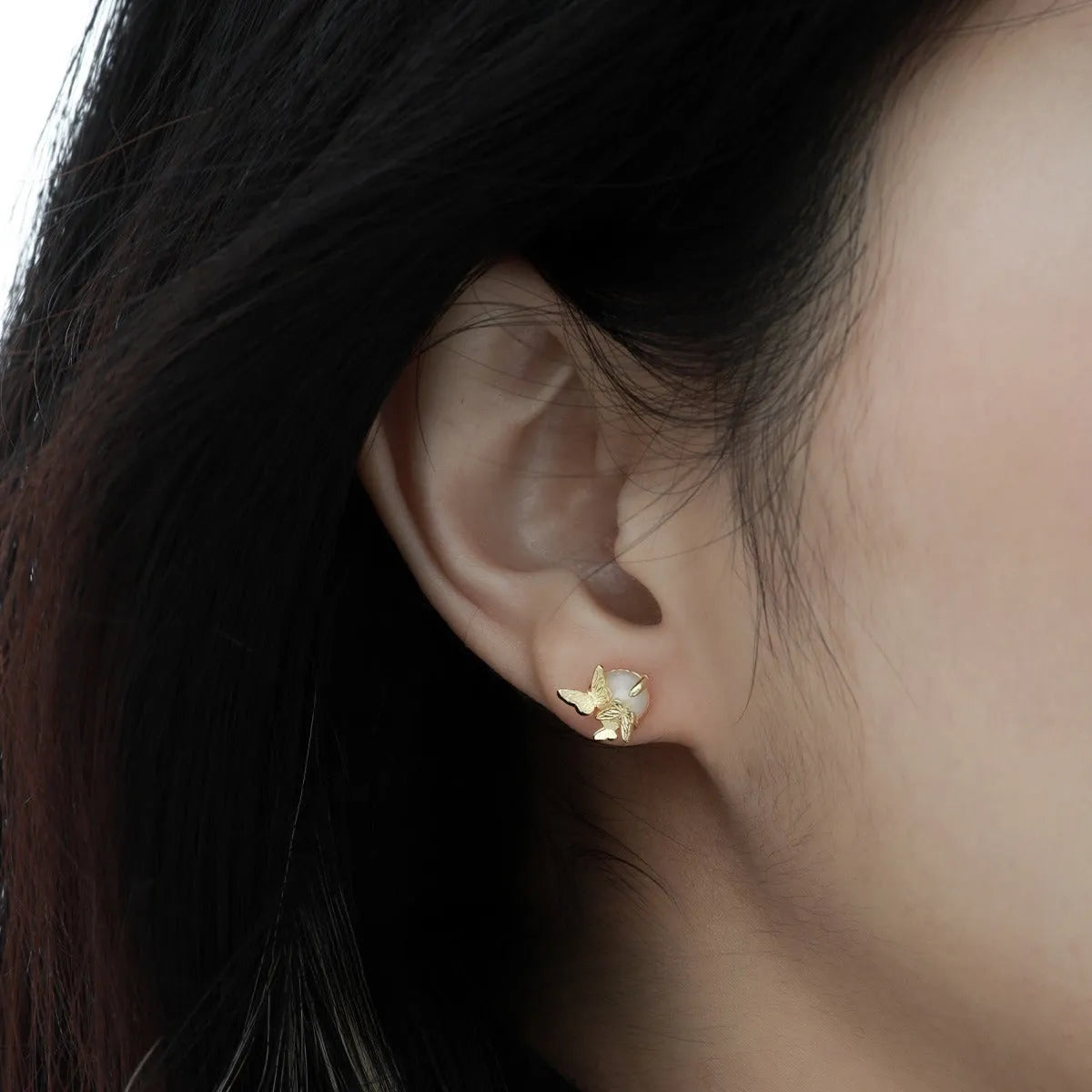925 sterling silver butterfly ear studs with electroplated gold or white gold finish