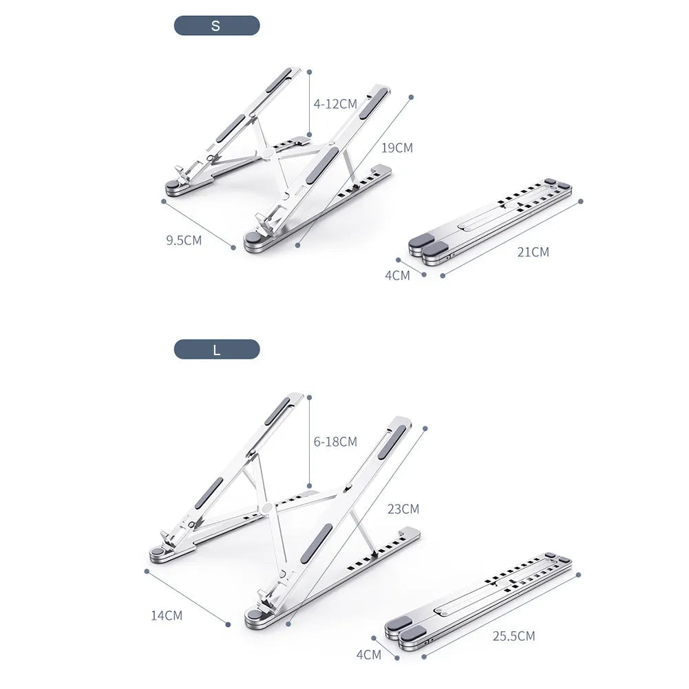 Aluminium alloy foldable laptop stand shown adjusted to different heights with laptop and tablet