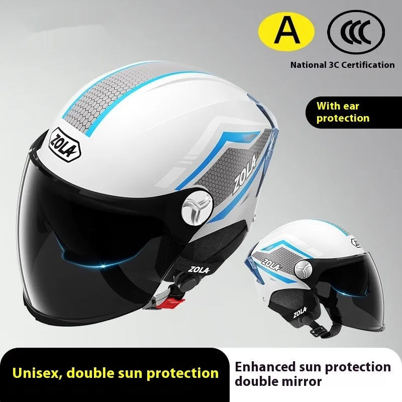 Children's motorcycle half helmet with double mirror visor in light brown colour variant
