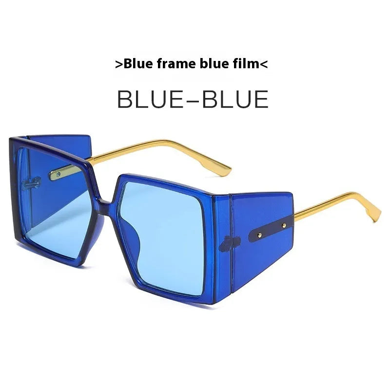 Large square frame sunglasses shown in multiple colour options including black, blue, and tortoiseshell.
