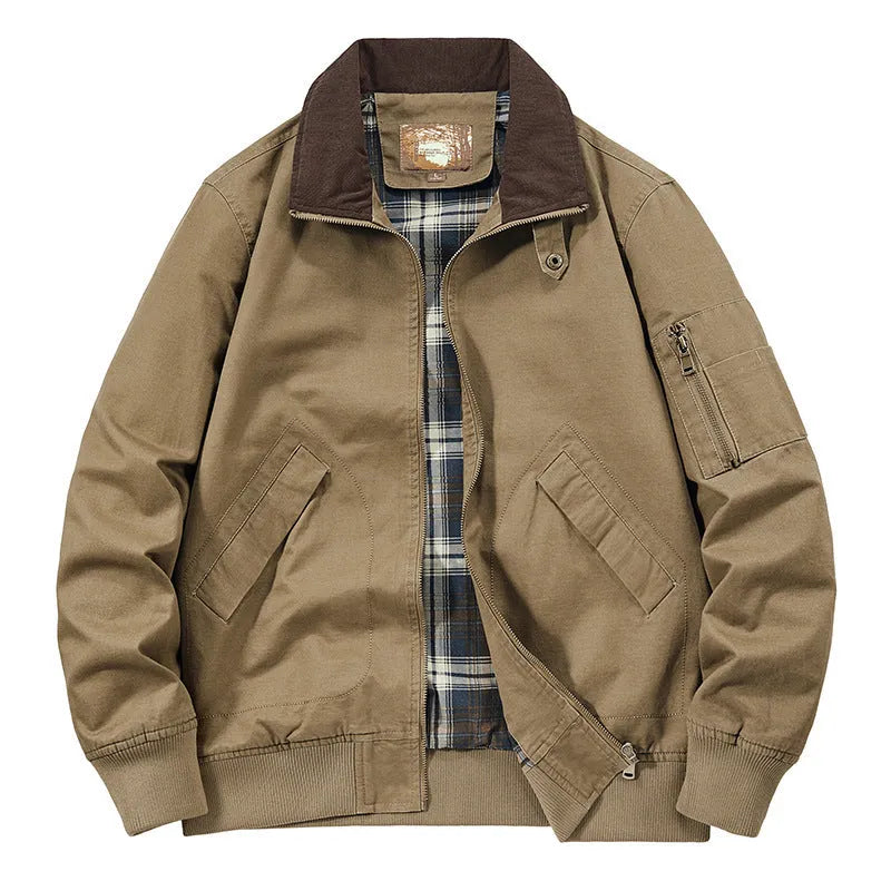 Men's washed cotton baseball flight jacket in beige, shown on a hanger.