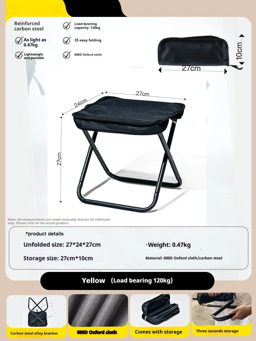 Outdoor foldable pencil box stool with Oxford cloth seat shown in khaki colour, folded and unfolded.