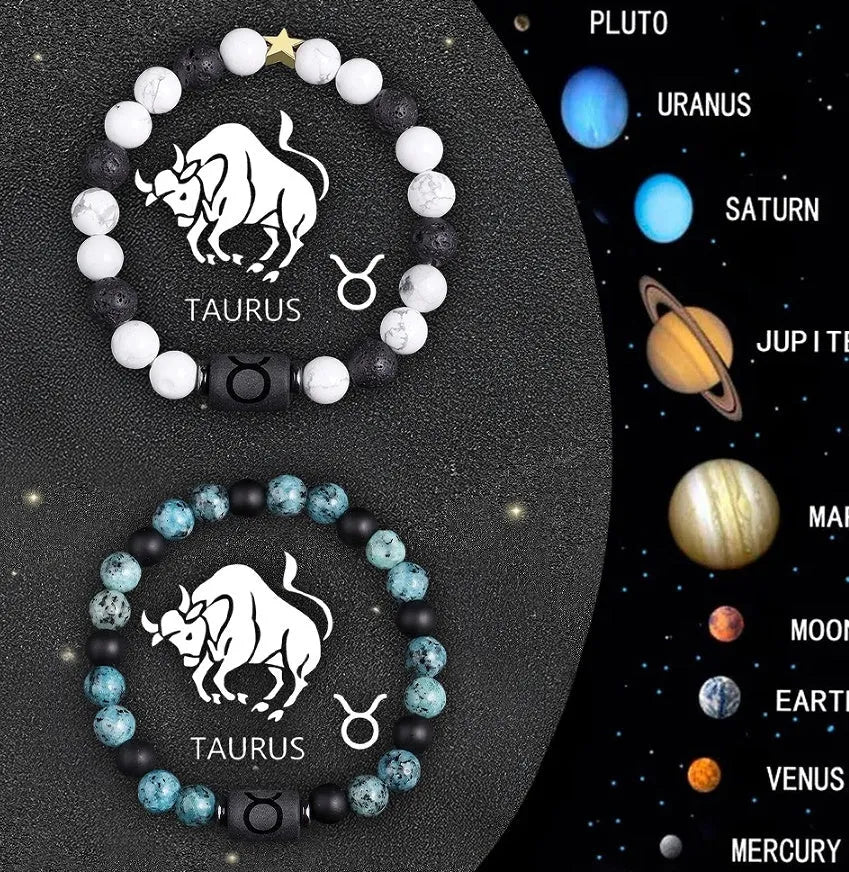 Natural stone beaded zodiac bracelet set showing twelve astrological signs